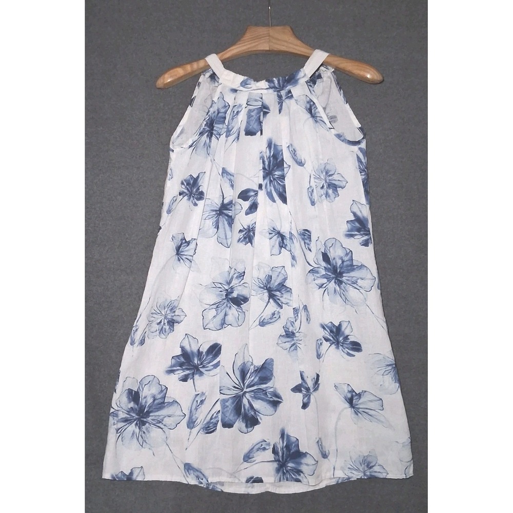 Bellambra Linen Halter Dress White Blue Floral Coastal Cottage Italy Tie SIze XS